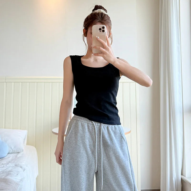 Women Solid Sleeveless Tank Top Camisole，Summer Basic Stretchy Square