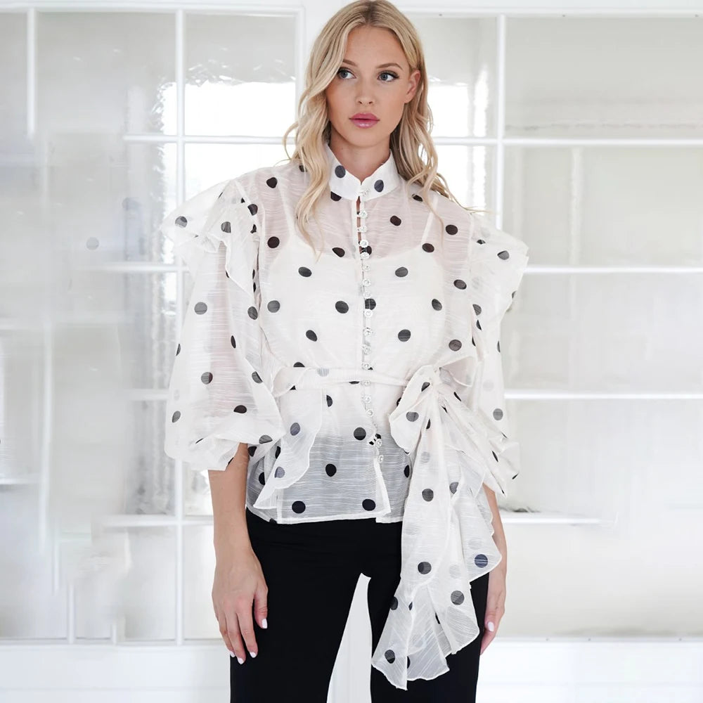 Ticketsx Polka Dot Ruffled Shirts Fashion Contrast Lace Up See Through