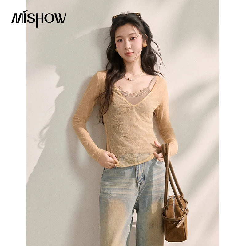 MISHOW Elegant Lace Straps V-Neck Long-sleeve Top Two Piece for Women