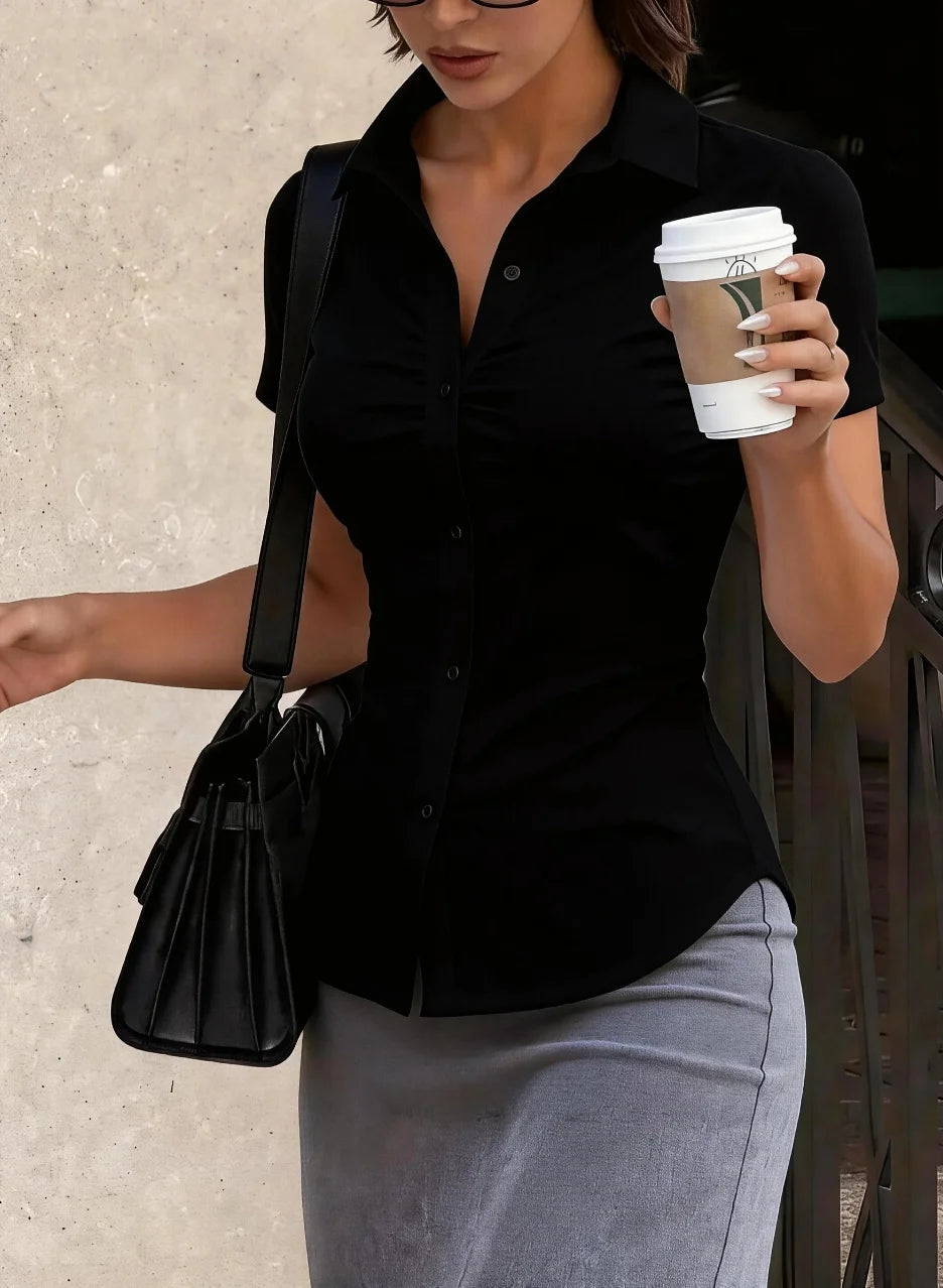 Women Ruched Short Sleeve Button Down Shirt Fitted Collared Blouse Top