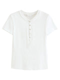 FSLE New Summer Women's Fitted Short Sleeve White T-Shirt with Buttons