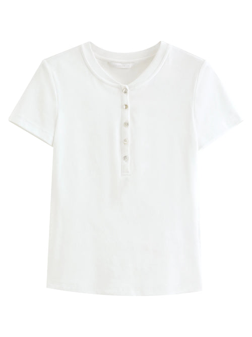FSLE New Summer Women's Fitted Short Sleeve White T-Shirt with Buttons