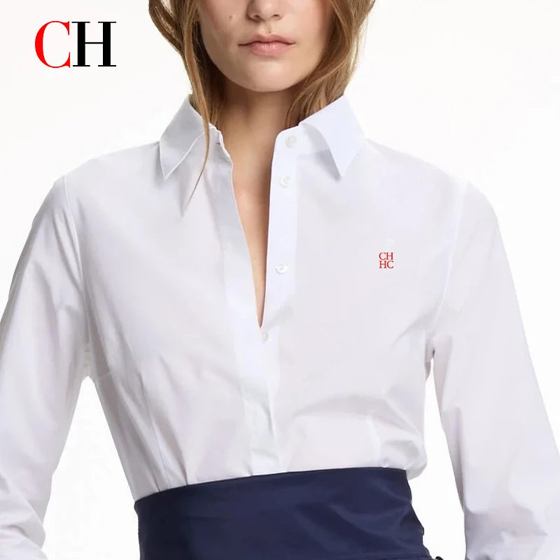 CH Letter Embroidered Solid Color Long Sleeve Shirt Women Point Collar
