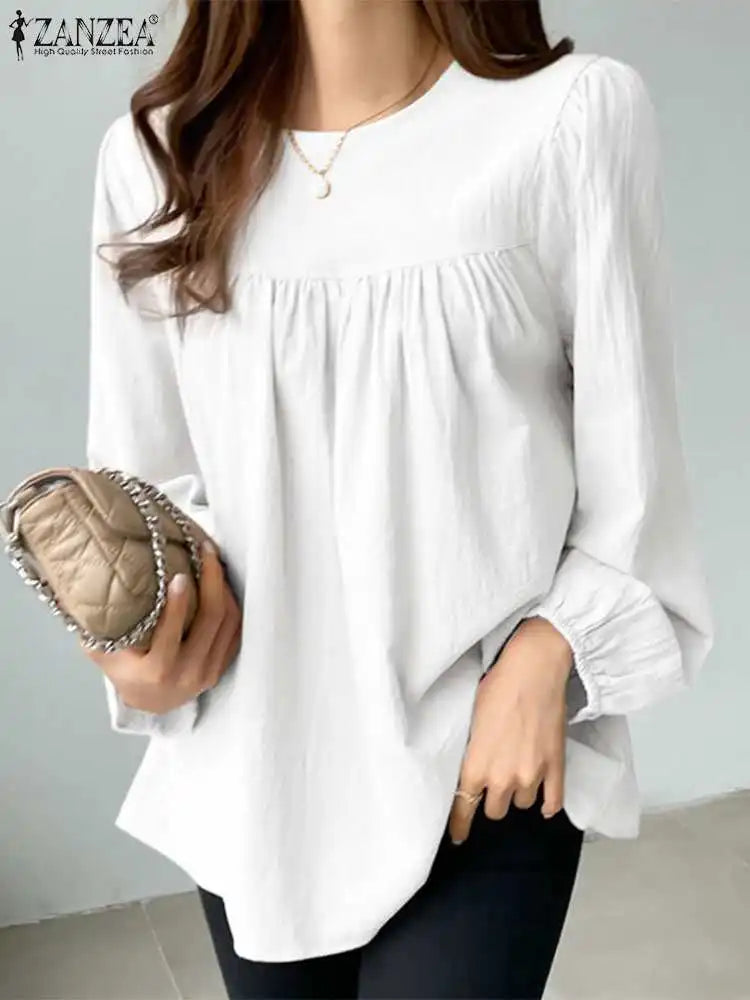 ZANZEA Elegant Solid Blouse Women Long Sleeve O Neck OL Work Shirt