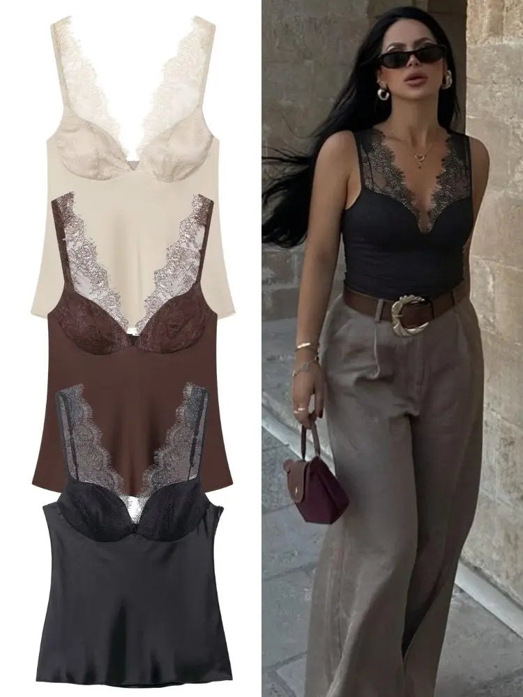 HH Elegant Women Lace Splice Sexy Satin Sling Tops 2026 Spring Summer