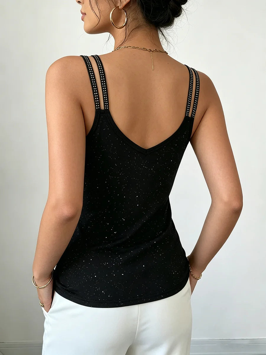 Womens Cami Top Dual Strap Glitter Vneck Cami Tee Rhinestone Tank Top