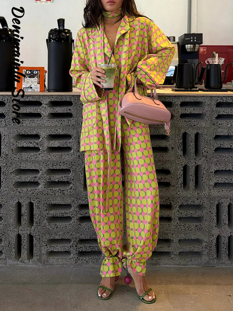 Vintage Women's Printed Blouses Pants Sets Loose Laple Long Sleeve