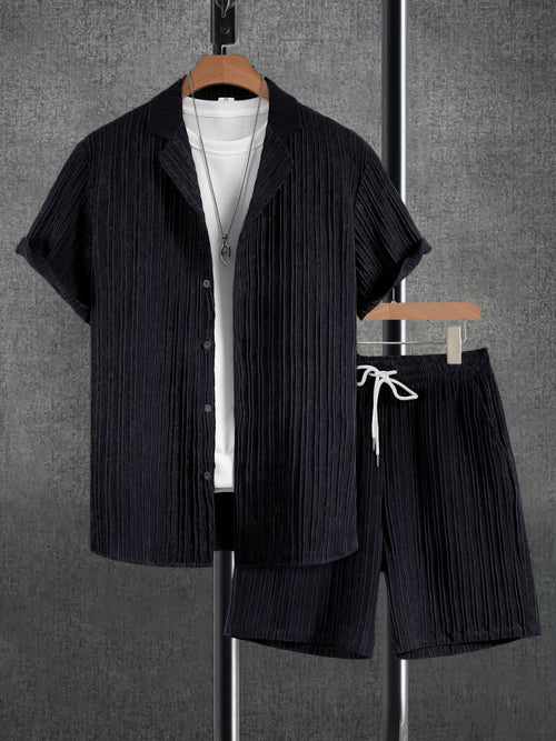 Men's Black Pleated Texture Cuban Collar Shirt + Drawstring Shorts Set
