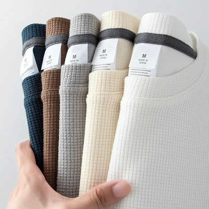 Waffle Short Sleeved T-shirt for Men and Women Summer Japanese Round