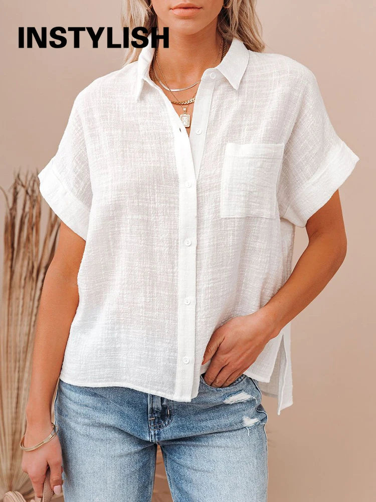 Casual Solid Short Sleeve Cotton Linen Loose Blouse Vintage Harajuku