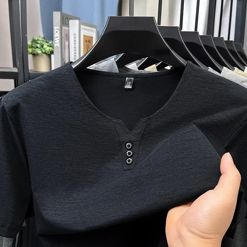 2026 New Men's Business Casual Three Button V-neck Short Sleeved