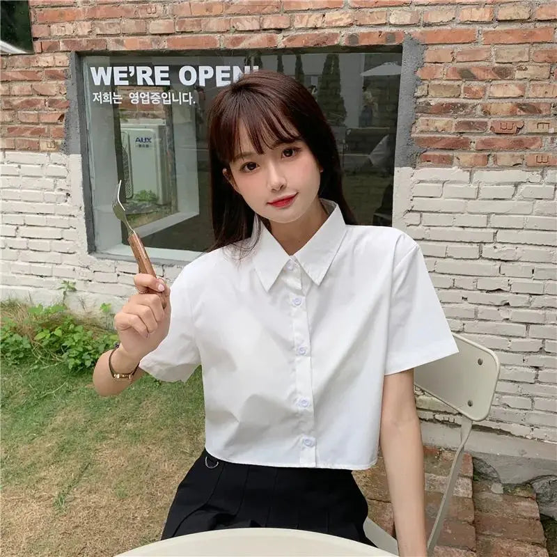 Oversize Cropped White Shirt Women Summer Short Sleeve Polo Neck