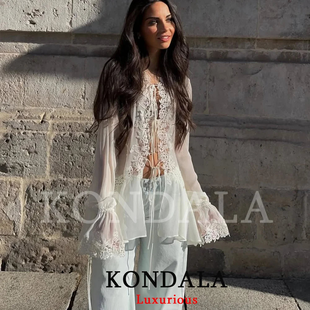 KONDALA Sexy Chiffon Transparent Women Blouses Bow Tie Patchwork Loose