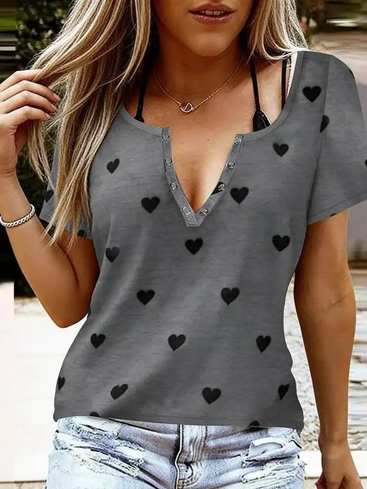 Womens Fashion T-Shirt Spring Summer Gray Heart Print Henley Neck One