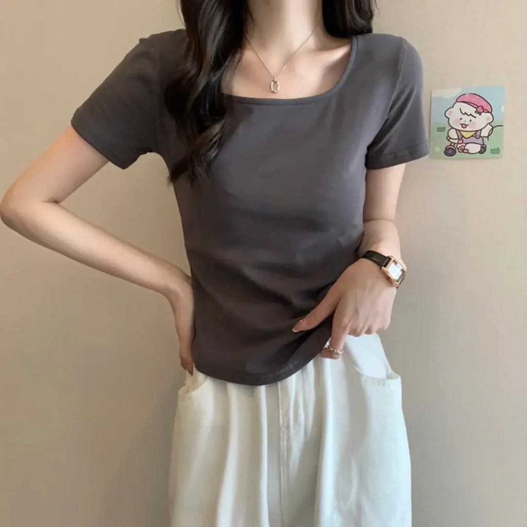 Women's Short-Sleeved T-Shirt U Neck Blouse Slim Fit Korean Style