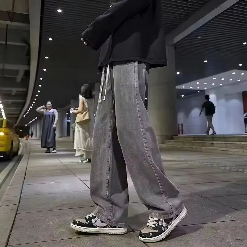 Korean Fashion Men's Baggy Jeans Elastic Waist Classic olid Color