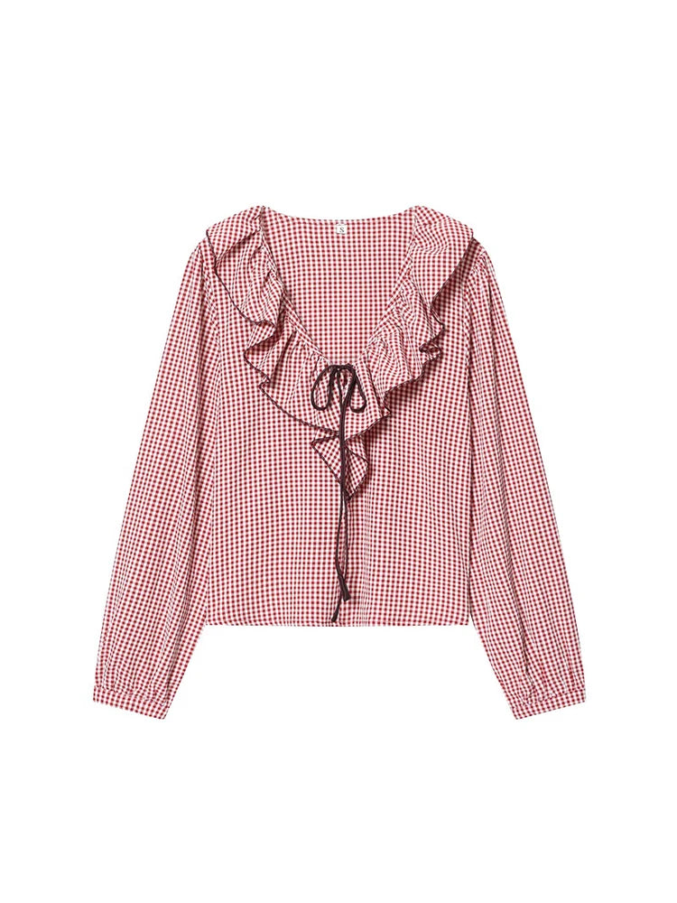 TFMLN Spring Women Long Sleeve Shirts New Vintage Elegant Plaid V