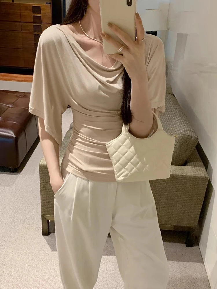 Women's Summer High Stretch Slash Neck Flare Sleeve Slim T Shirt Lady