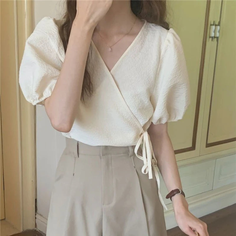Blouses Women Summer Korean Style V-neck Design Simple Puff Sleeve
