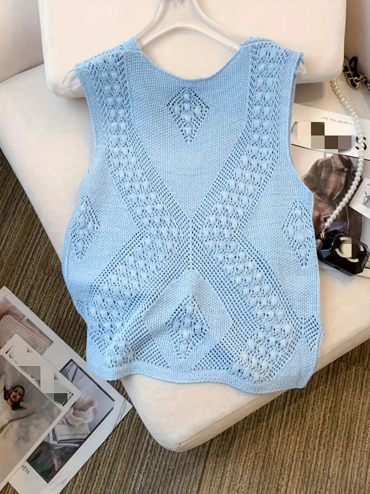 Solid Color V Neck Tank Top, Casual Sleeveless Cut Out Knitted Tank
