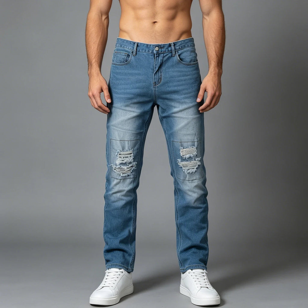 Men's Jeans Autumn And Winter Solid Color Blue Ripped Hole Fashionable
