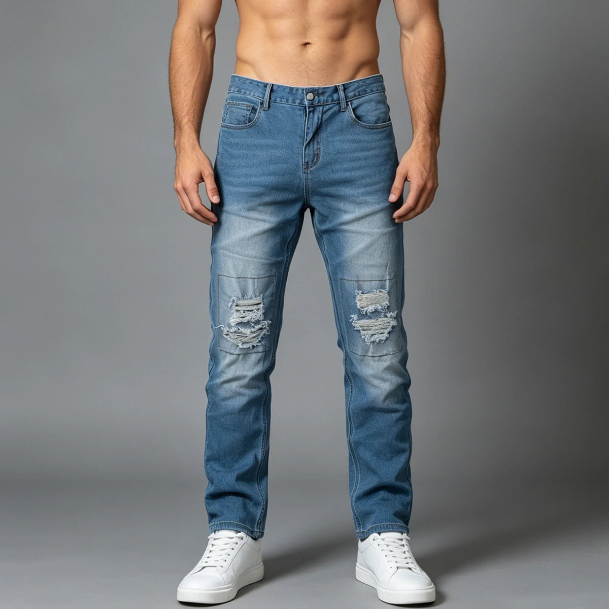 Men's Jeans Autumn And Winter Solid Color Blue Ripped Hole Fashionable