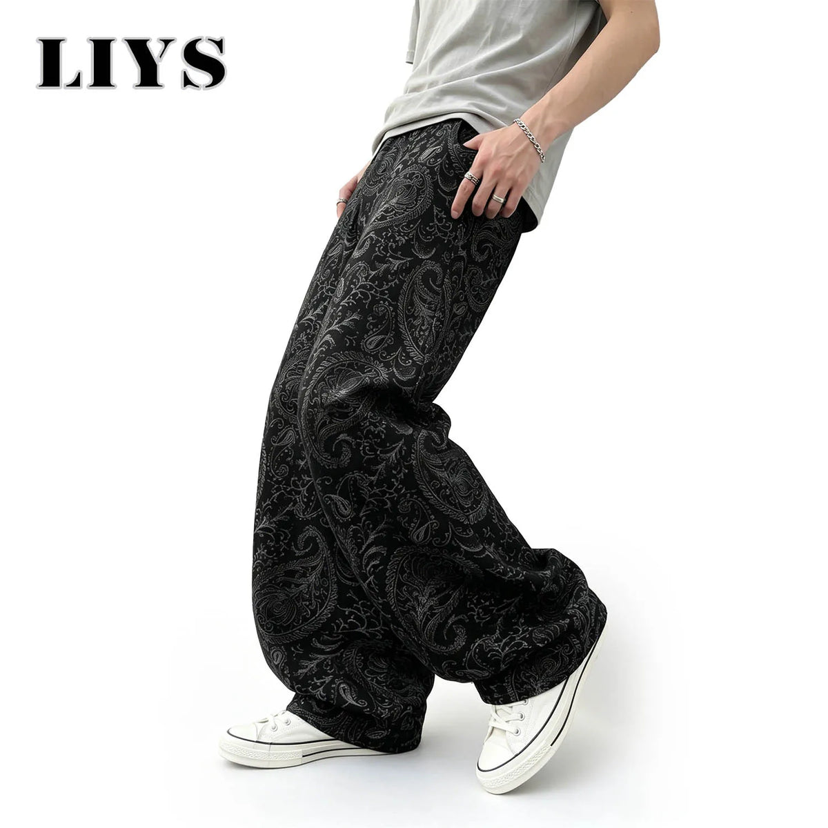 LIYS Men's American Trendy Brand Dark Cashew Flower Full Print Jeans