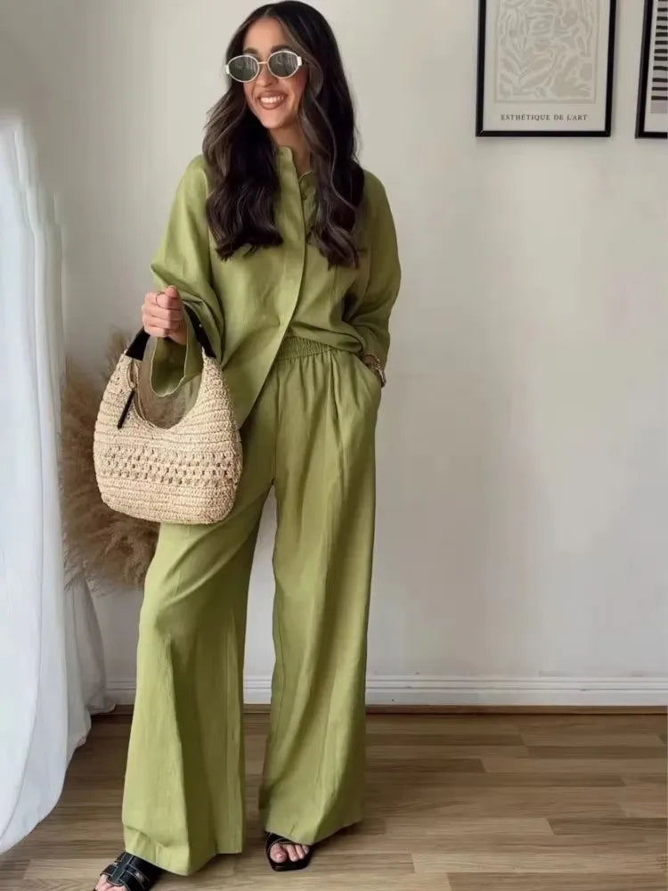 HH Women Casual Solid Blouse Pant Sets Loose Long Sleeve Lapel Shirts
