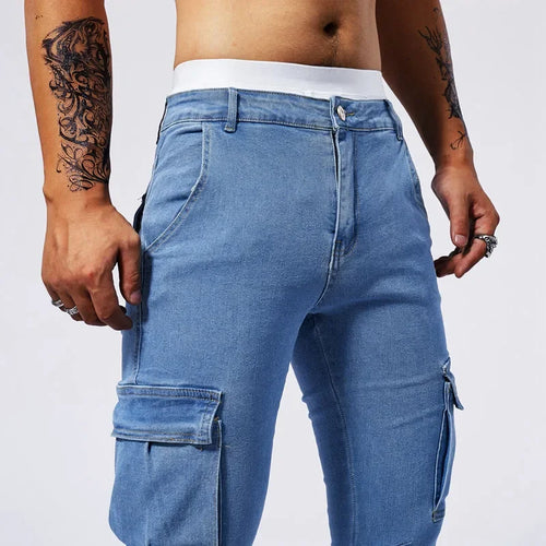 Slim Fit Large Pocket Jeans Cargo Pants for Men Fashionable Casual Hip