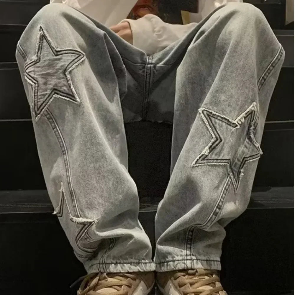 Star Embroidered Straight Casual Men's Jeans Y2K Gothic Unisex New