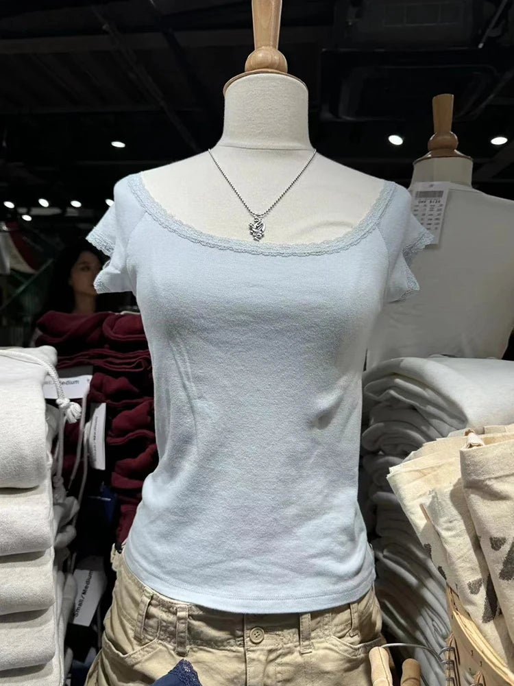 Lace Patchwork Blue Slim Crop Top Women Summer Sexy Scoop Neck Cotton