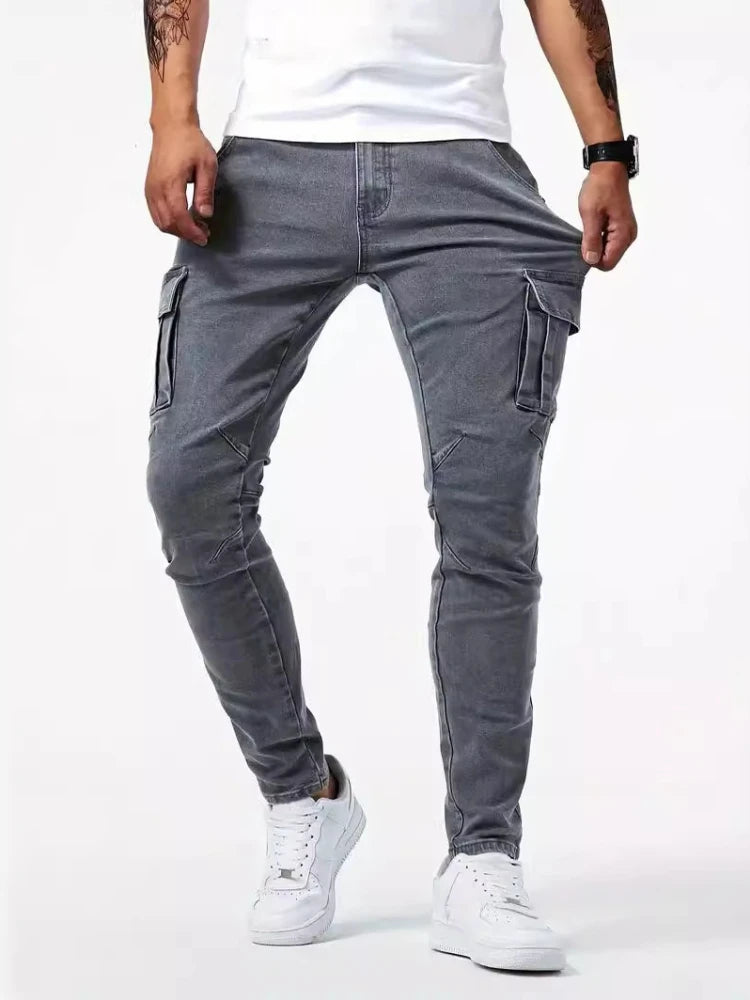 Men Elastic Streetwear Cargo Pants Jeans Wash Multi Pockets Y2k Mid