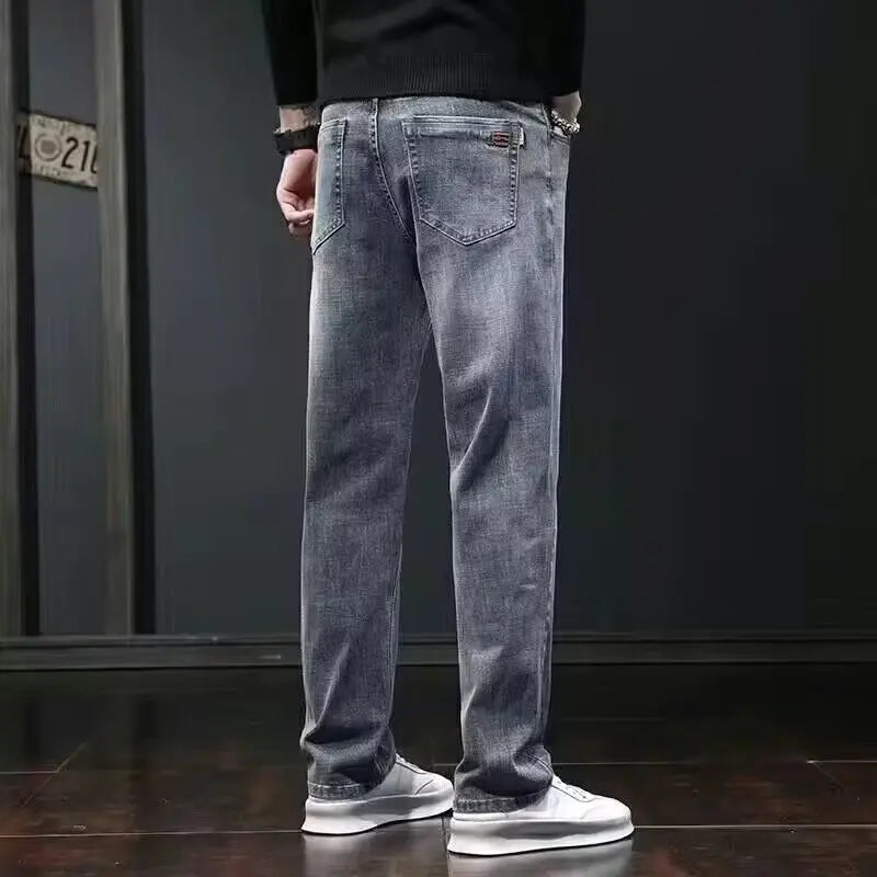 Men's lightweight loose-fit wide-leg jeans with thick legs, slim-fit,