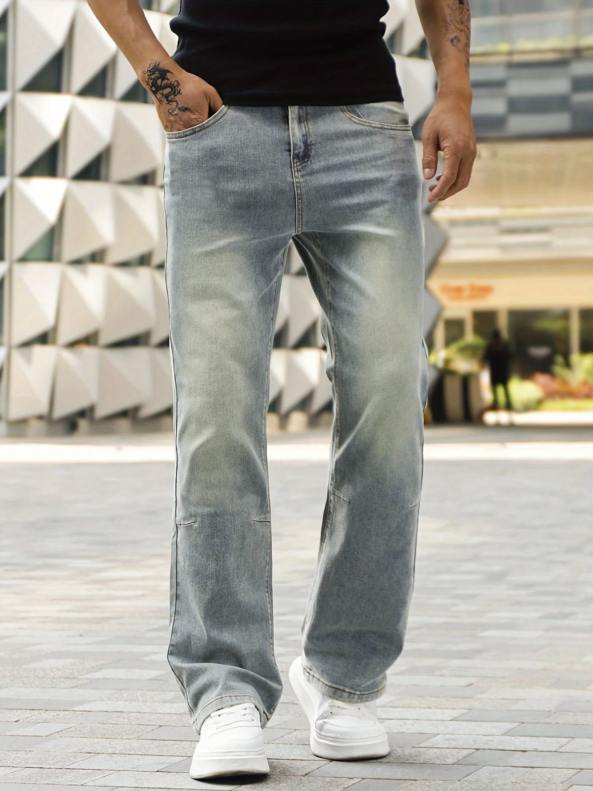 Men's Simple Design Slim Fit Bootcut Denim Pants Blue Stretch Elastane