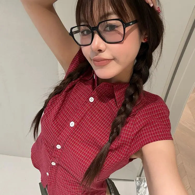 Genayooa Vintage Plaid Shirt Women Short Sleeve Casual Shirt Y2k