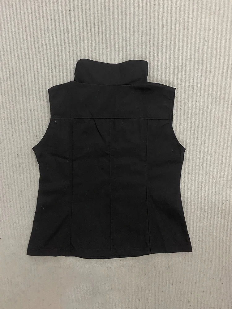Summer Black Women's Casual Vest Stand Collar Sleeveless Diagonal