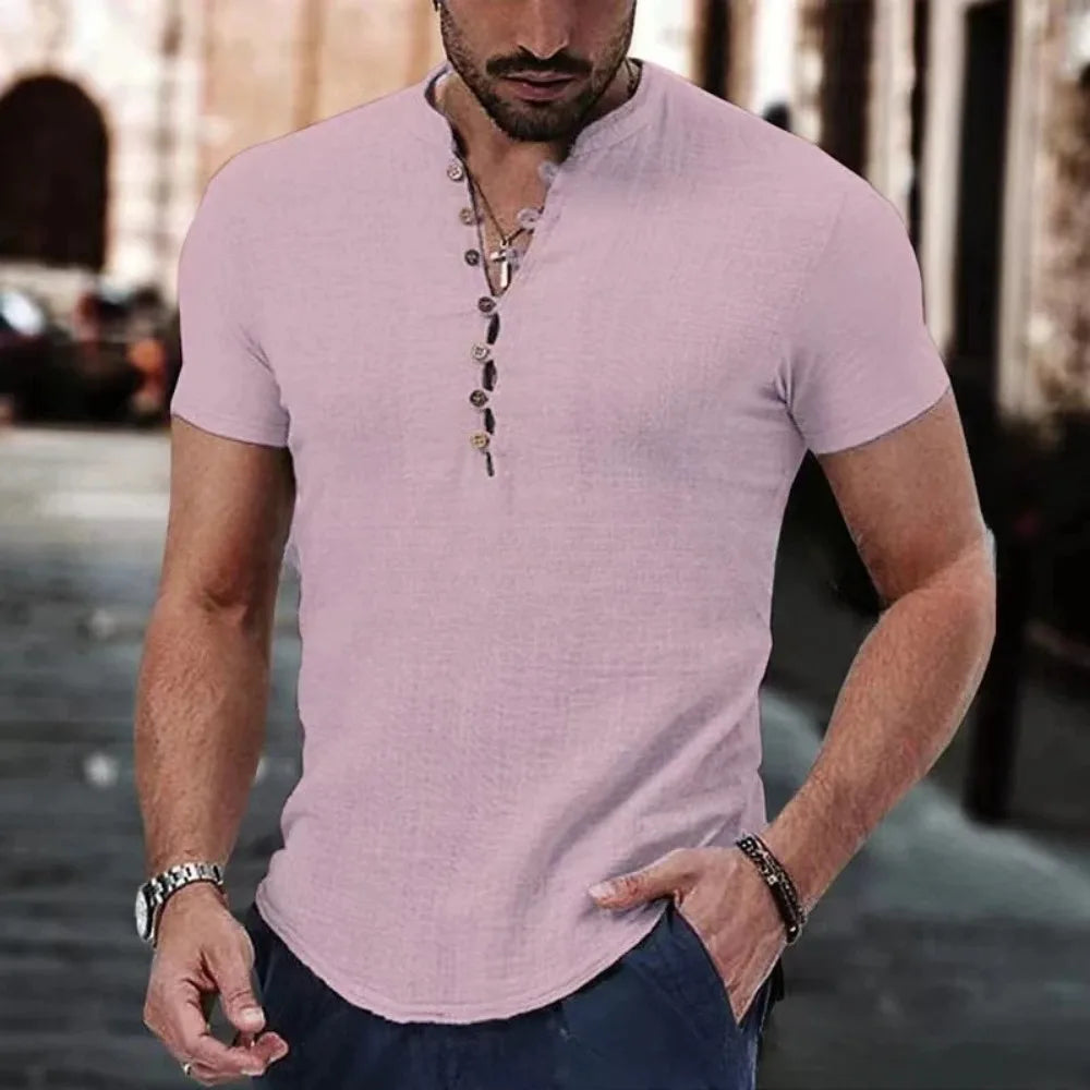 New Men's Short Sleeve T-shirt for Men Button Cotton Linen Shirt Men's