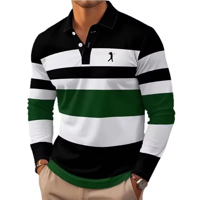 Men's striped rugby polo long-sleeved collar shirt casual school