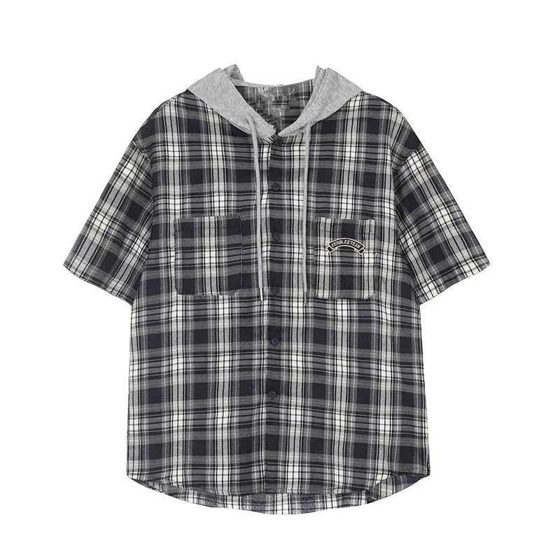 Harajuku Plaid Hooded Shirt Women Vintage Short Sleeve Y2K Bf Blouse