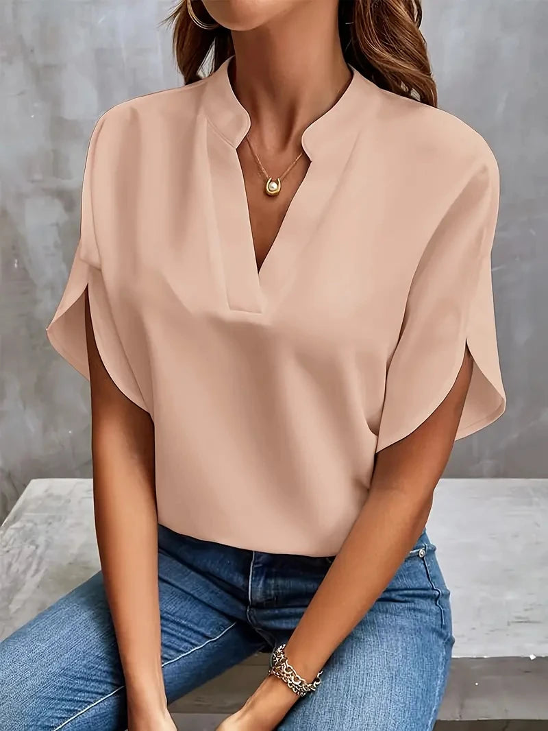 Women Elegant Solid Chiffon Blouse Spring Summer Casual Long Sleeve V