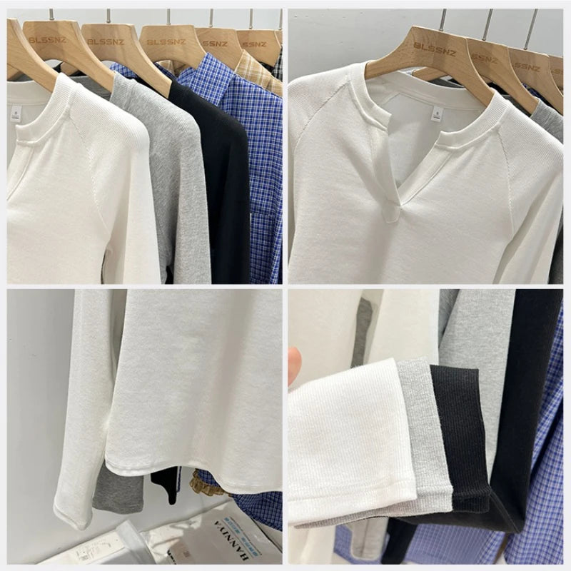 2026 Women's Basic Style Slim Fit V-Neck Long Sleeve T-Shirt Korean