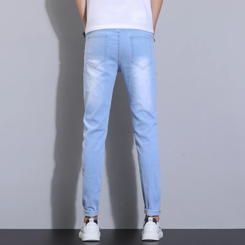2024 Men's Autumn New High Elastic Jeans Sky Blue Fashion Slim Fit