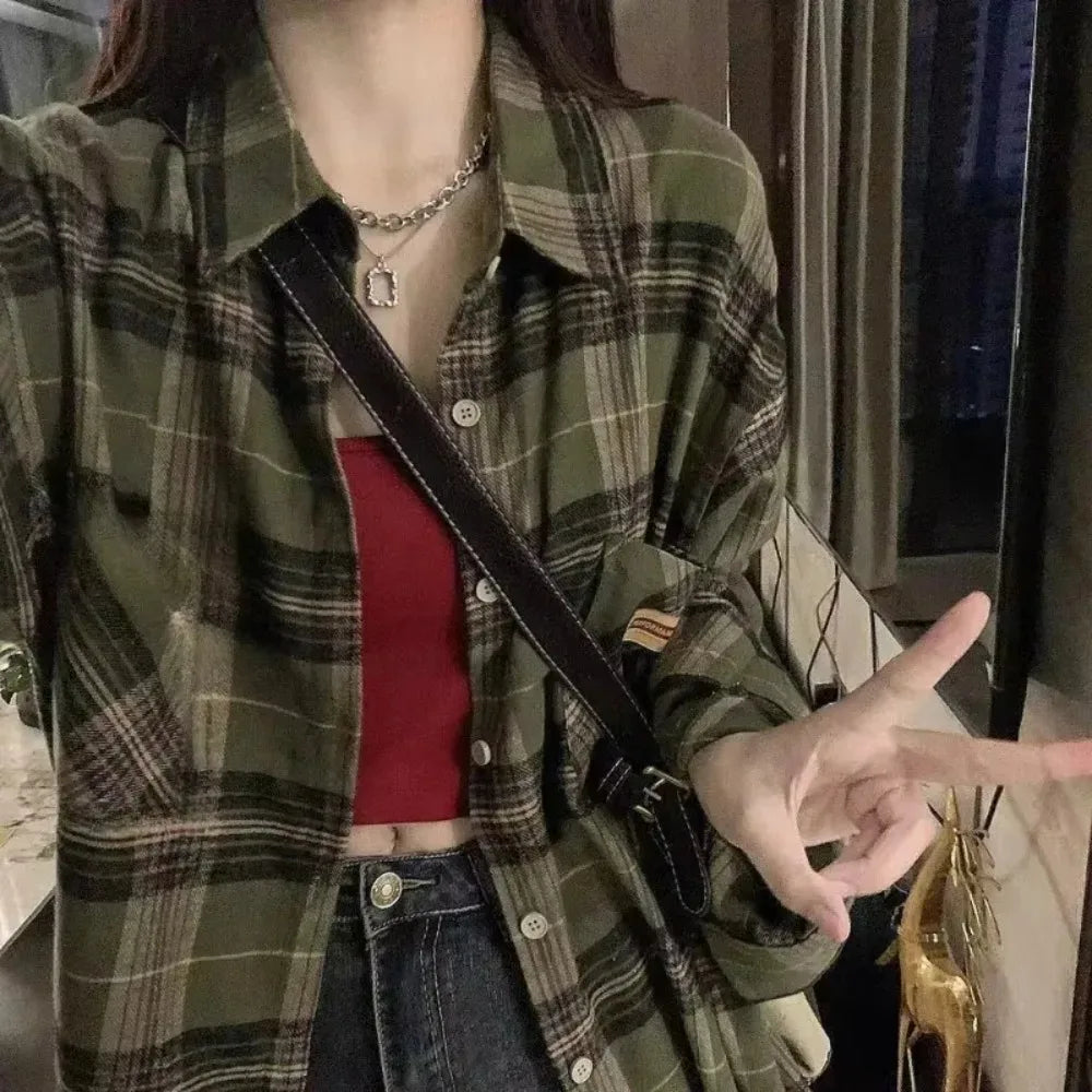 Vintage Dark Green Plaid Shirt Women Long Sleeve Oversized American