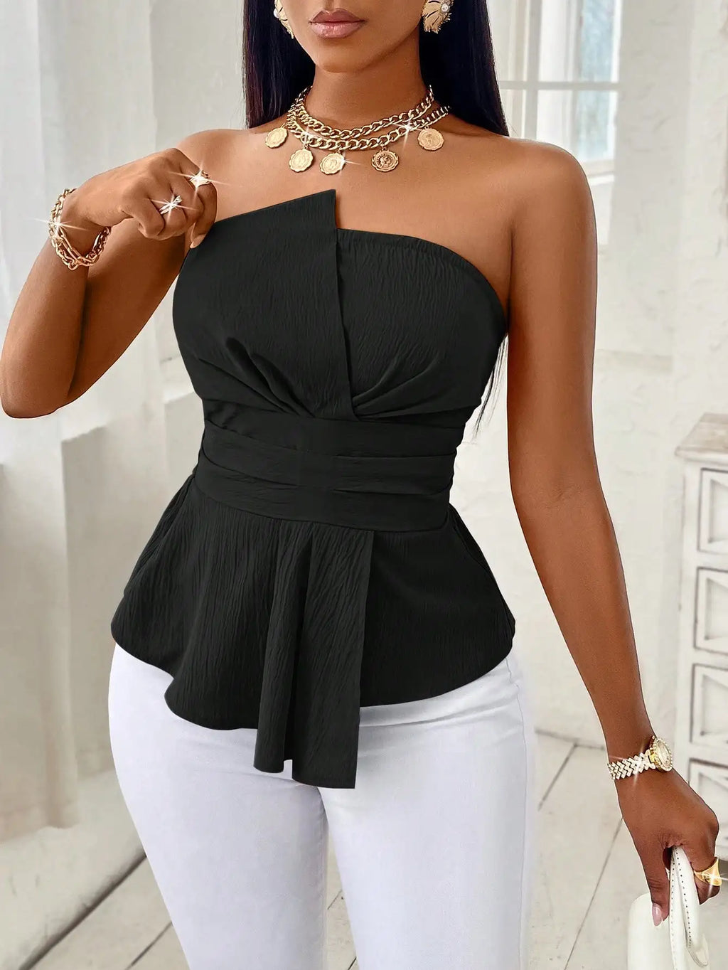 Elegant Peplum Strapless Top, Belted Wrap Waist Blouse for Vacation &