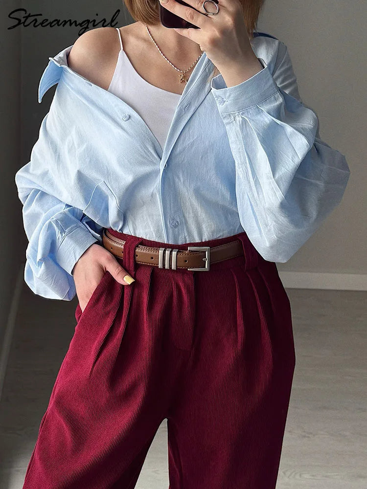 White Basic Oversized Button Up Shirts Women Summer Cotton Office Wear