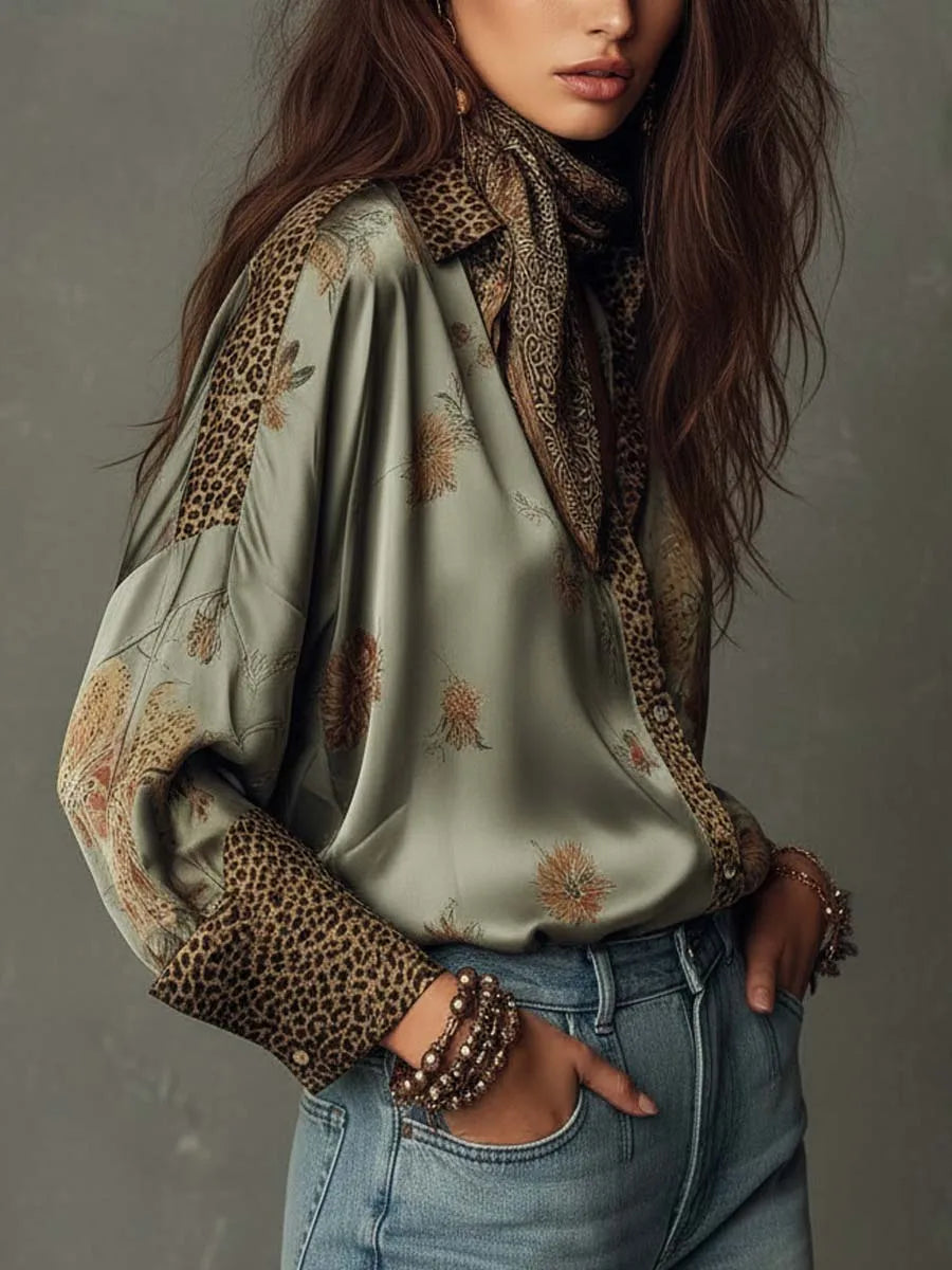 Retro Floral Print Loose Blouse Women Leopard Splice Lapel Button Long