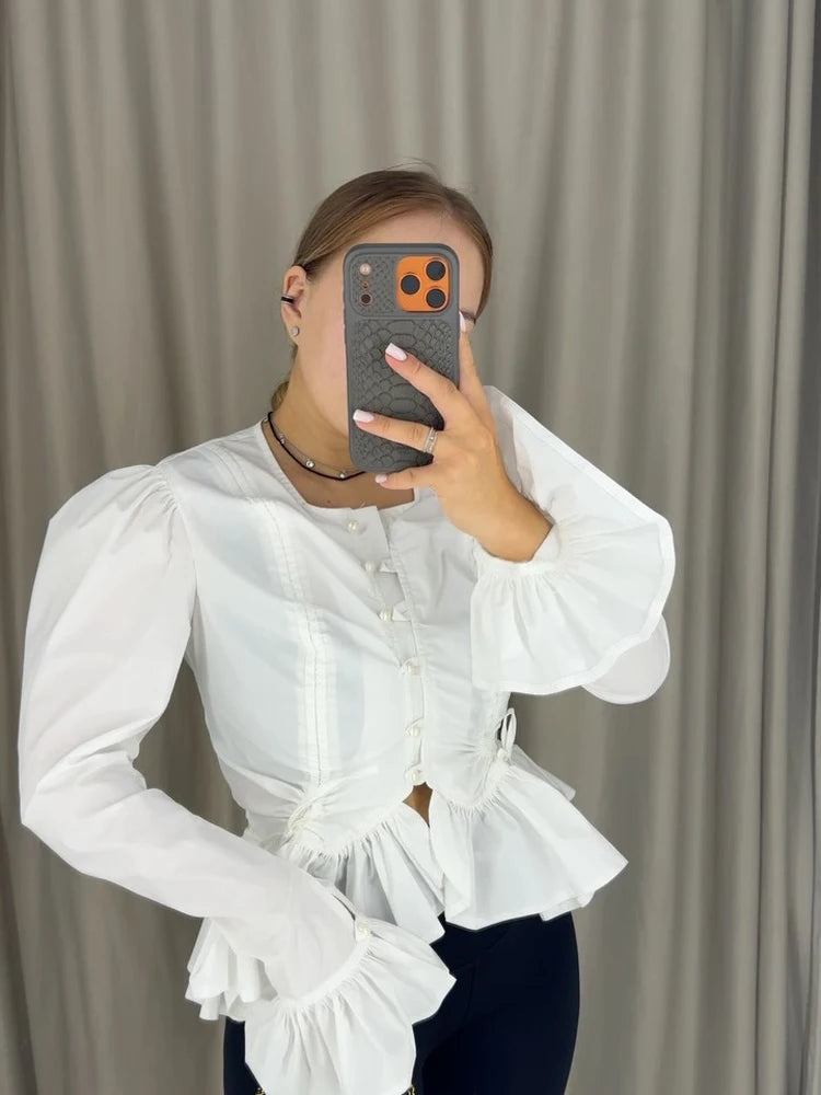 Women's Fashion Ruffle Hem Shirt Flare Sleeve Single Breasted Solid