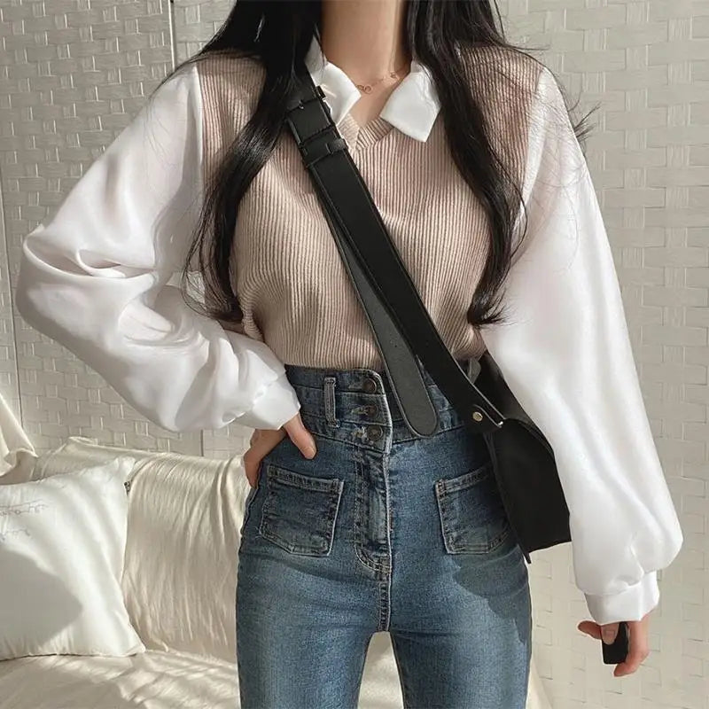False Two-piece Polo Collar Women's Blouse Spring Casual Korean Shirt