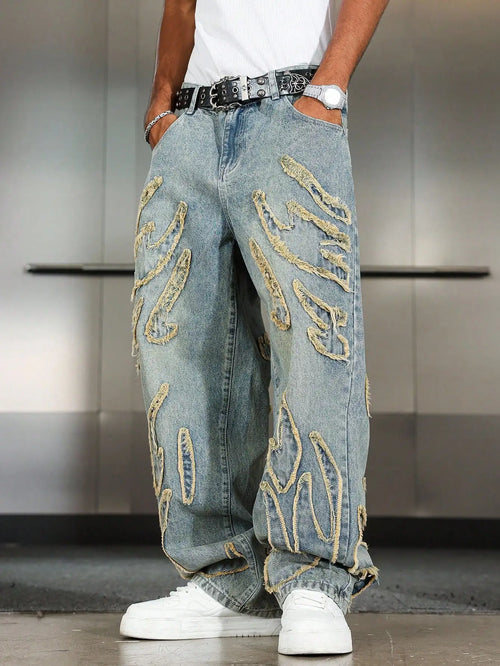 Men's Street Style Casual Patchwork Embroidered Frayed Hem Macau Blue