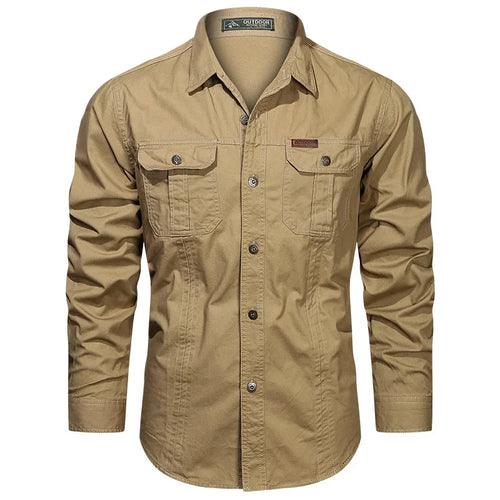 2024 Fashion Cotton Military Shirt Long Sleeve Multi-pocket Casual